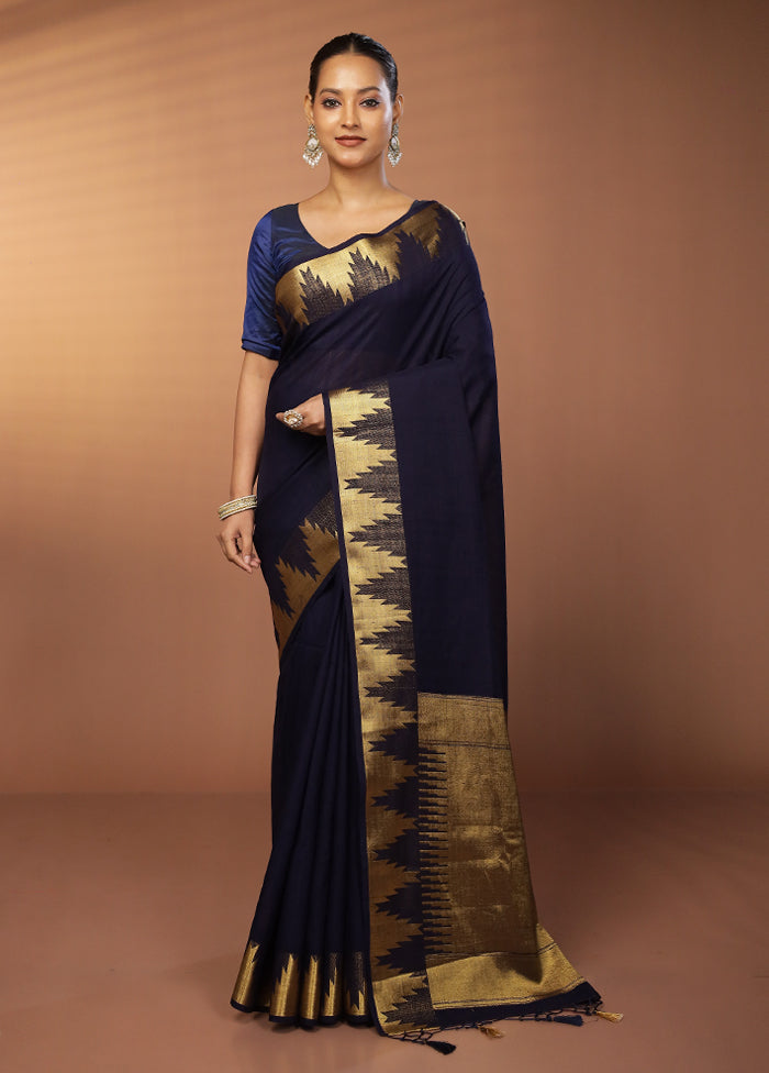 Blue Dupion Silk Saree With Blouse Piece