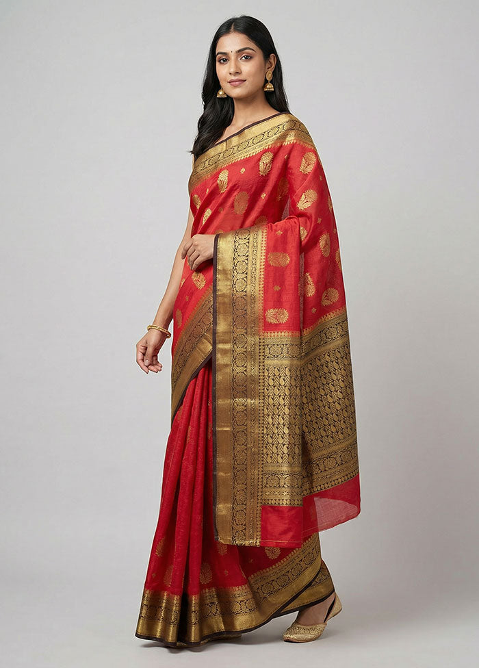 Red Dupion Silk Saree With Blouse Piece