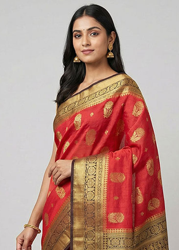 Red Dupion Silk Saree With Blouse Piece