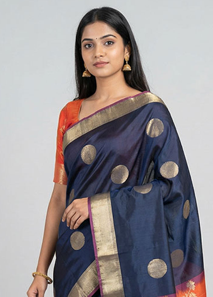 Orange Handloom Kanchipuram Pure Silk Saree With Blouse Piece