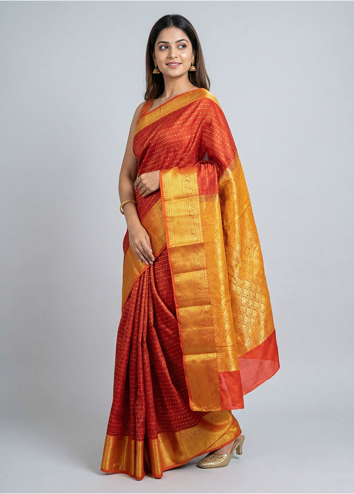 Maroon Handloom Kanjivaram Pure Silk Saree With Blouse Piece