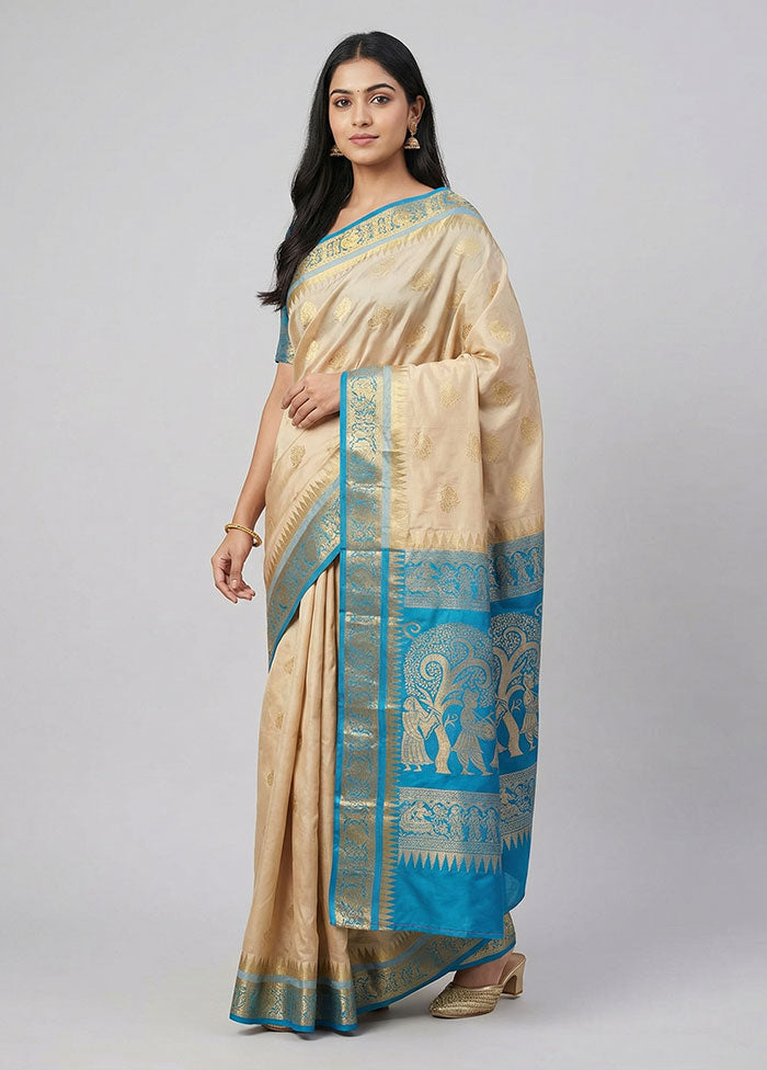 Cream Handloom Kanjivaram Pure Silk Saree With Blouse Piece