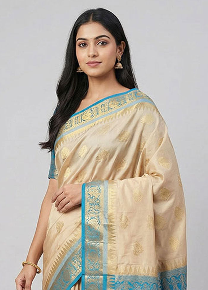 Cream Handloom Kanjivaram Pure Silk Saree With Blouse Piece