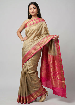 Cream Handloom Kanjivaram Pure Silk Saree With Blouse Piece