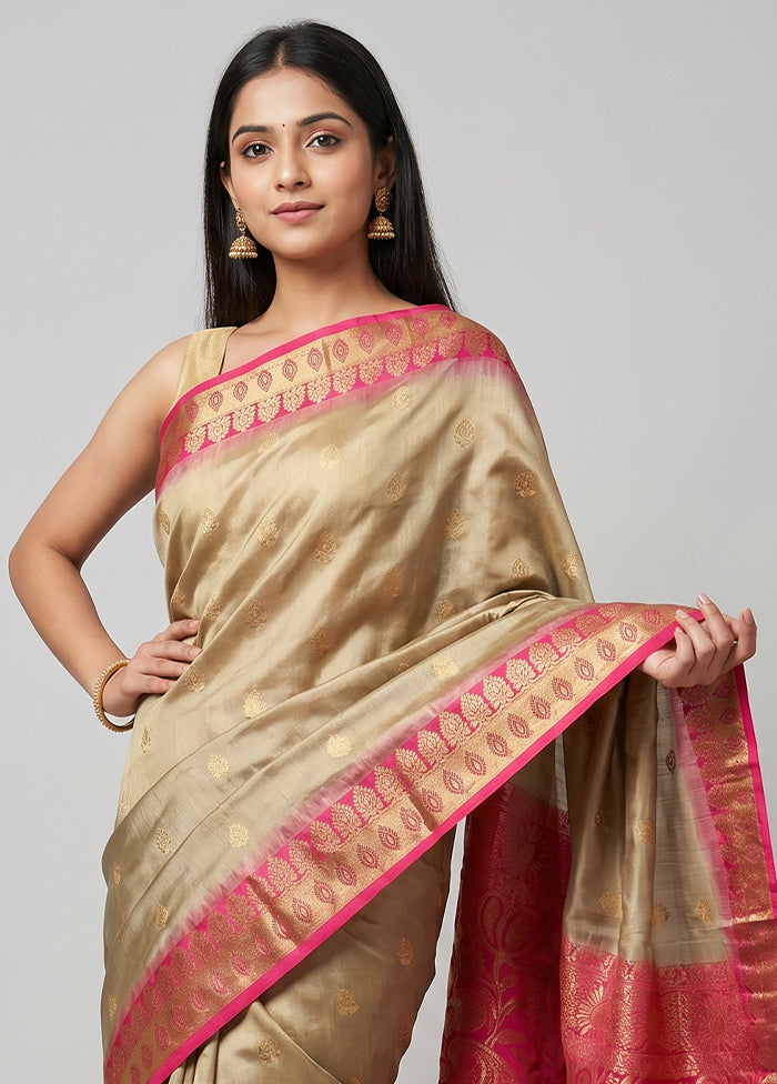 Cream Handloom Kanjivaram Pure Silk Saree With Blouse Piece