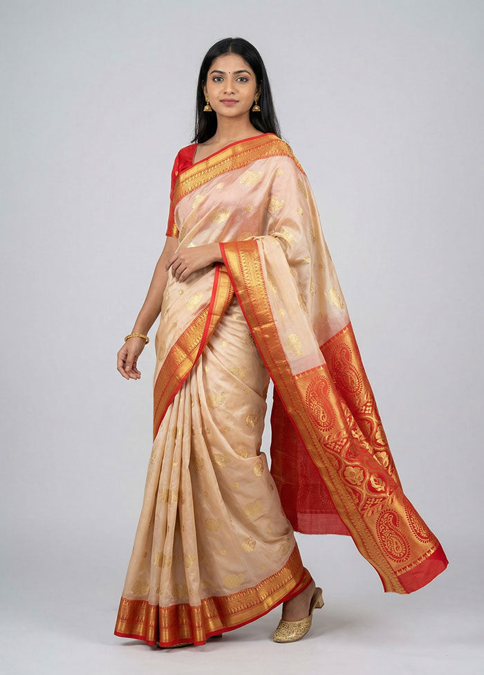 Cream Handloom Kanjivaram Pure Silk Saree With Blouse Piece