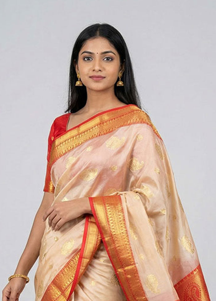 Cream Handloom Kanjivaram Pure Silk Saree With Blouse Piece