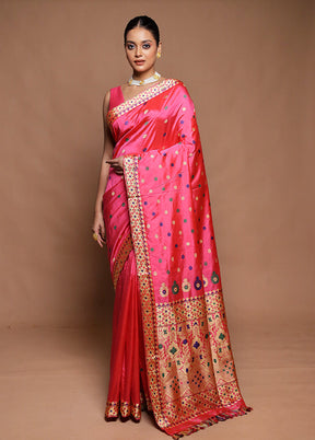 Pink Handloom Assam Pure Silk Saree With Blouse Piece