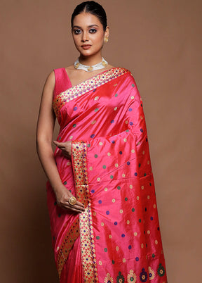 Pink Handloom Assam Pure Silk Saree With Blouse Piece