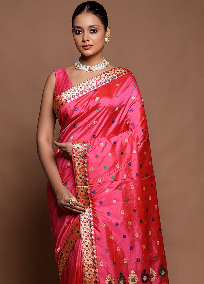 Pink Handloom Assam Pure Silk Saree With Blouse Piece