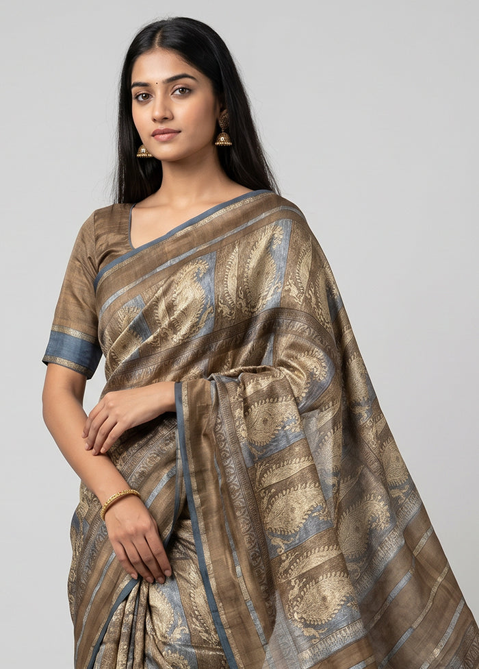Brown Tussar Silk Saree With Blouse Piece