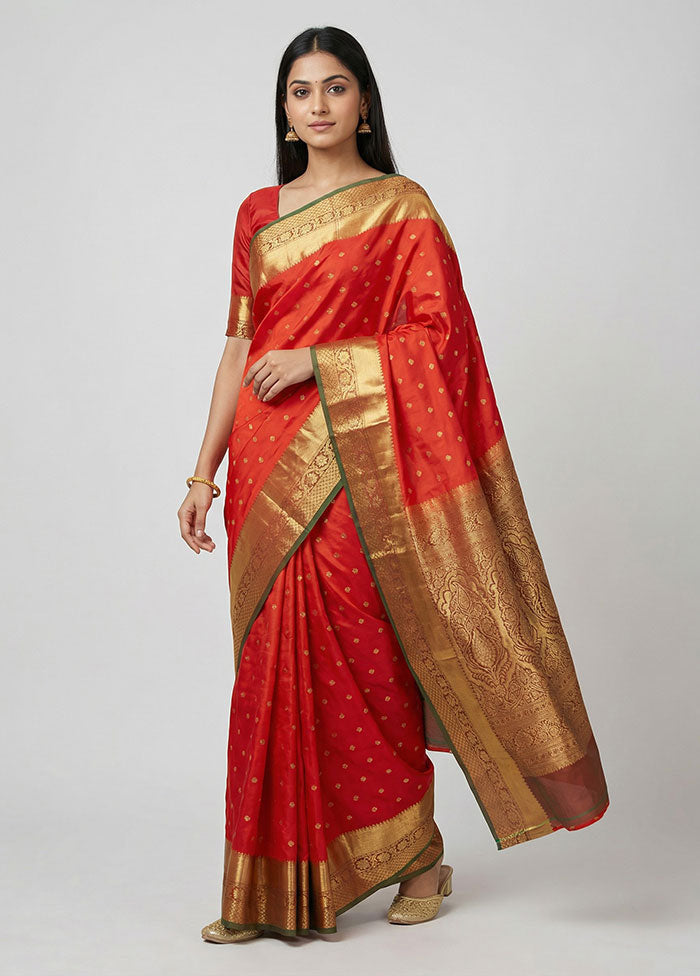 Red Handloom Kanjivaram Pure Silk Saree With Blouse Piece