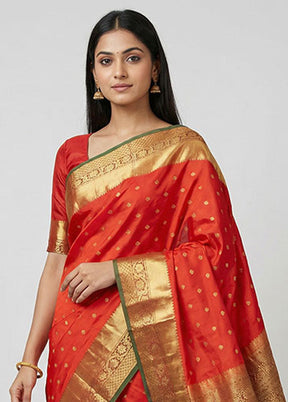 Red Handloom Kanjivaram Pure Silk Saree With Blouse Piece
