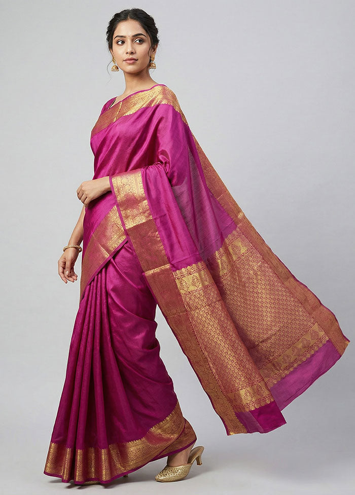 Purple Handloom Kanjivaram Pure Silk Saree With Blouse Piece