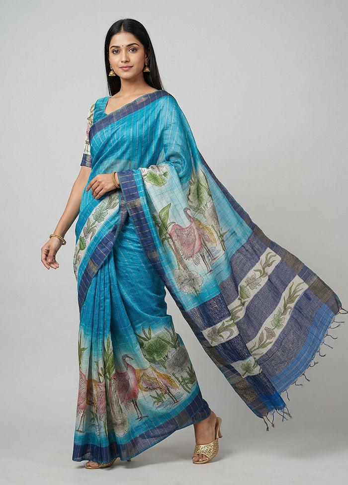 Green Handloom Tussar Silk Saree With Blouse Piece