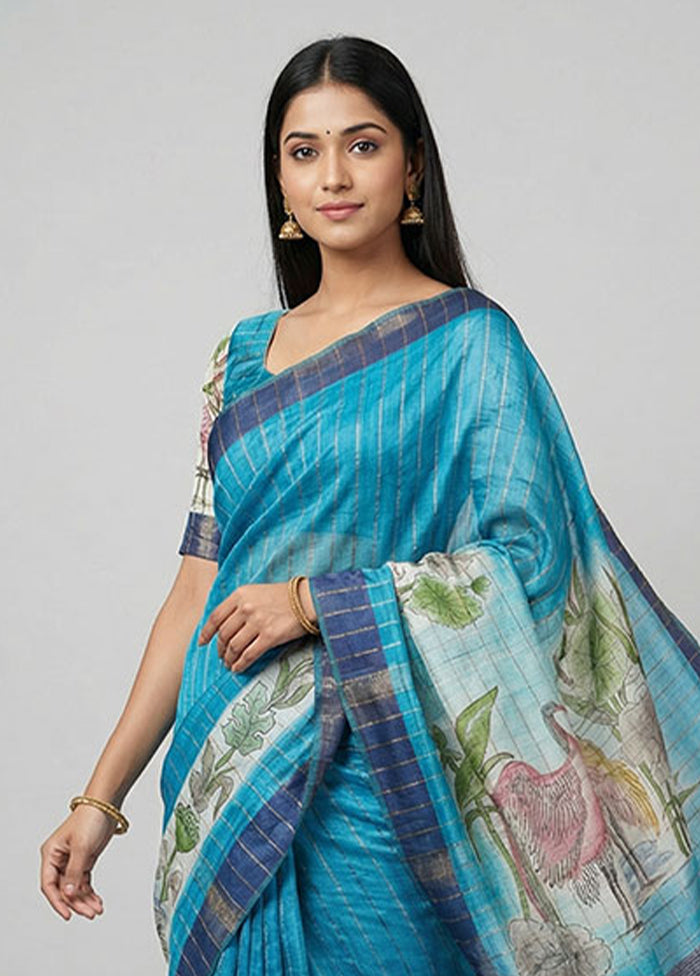 Green Handloom Tussar Silk Saree With Blouse Piece