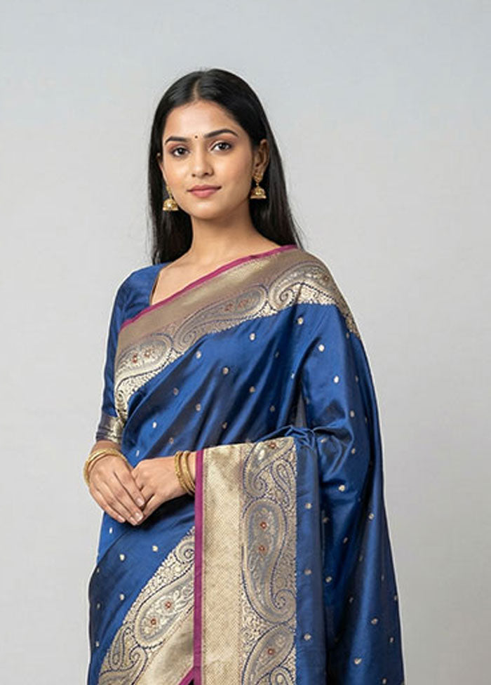 Blue Handloom Katan Pure Silk Saree With Blouse Piece