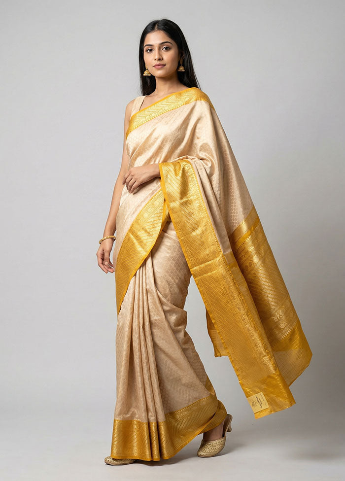 Cream Handloom Katan Pure Silk Saree With Blouse Piece