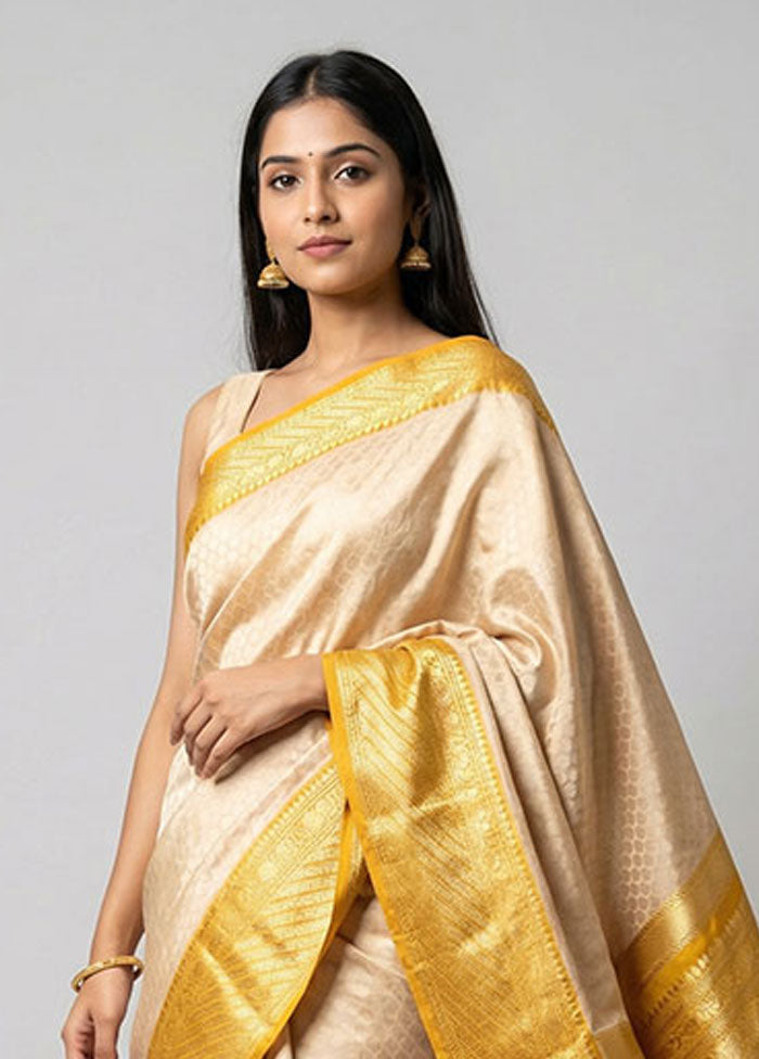 Cream Handloom Katan Pure Silk Saree With Blouse Piece