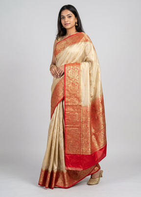 Cream Handloom Katan Pure Silk Saree With Blouse Piece