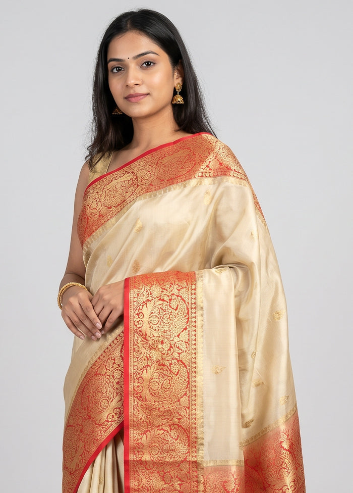 Cream Handloom Katan Pure Silk Saree With Blouse Piece