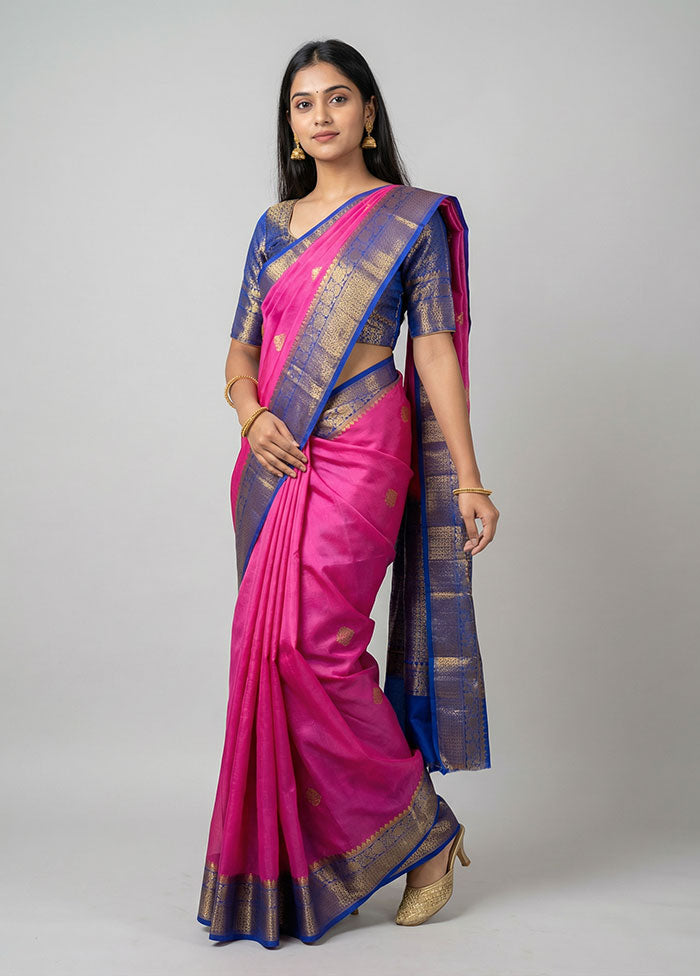 Pink Handloom Kora Pure Silk Saree With Blouse Piece