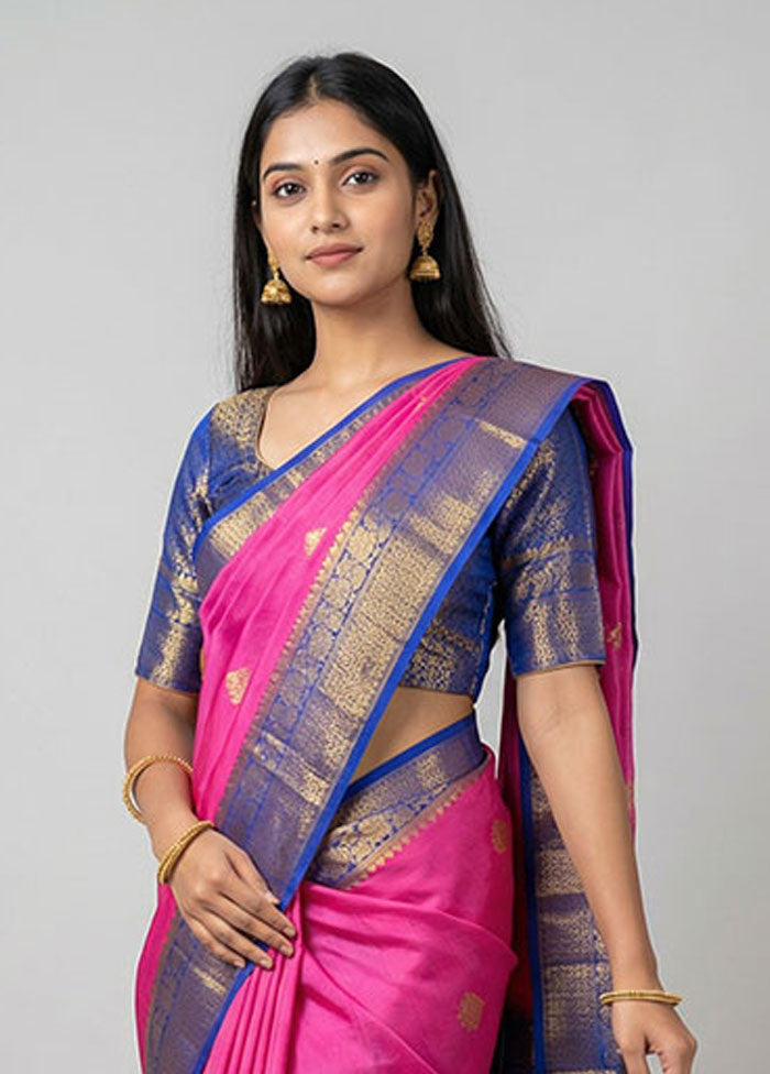Pink Handloom Kora Pure Silk Saree With Blouse Piece