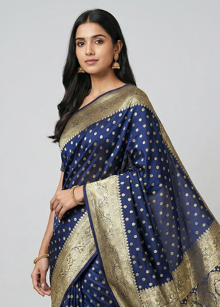 Blue Handloom Banarasi Silk Saree With Blouse Piece