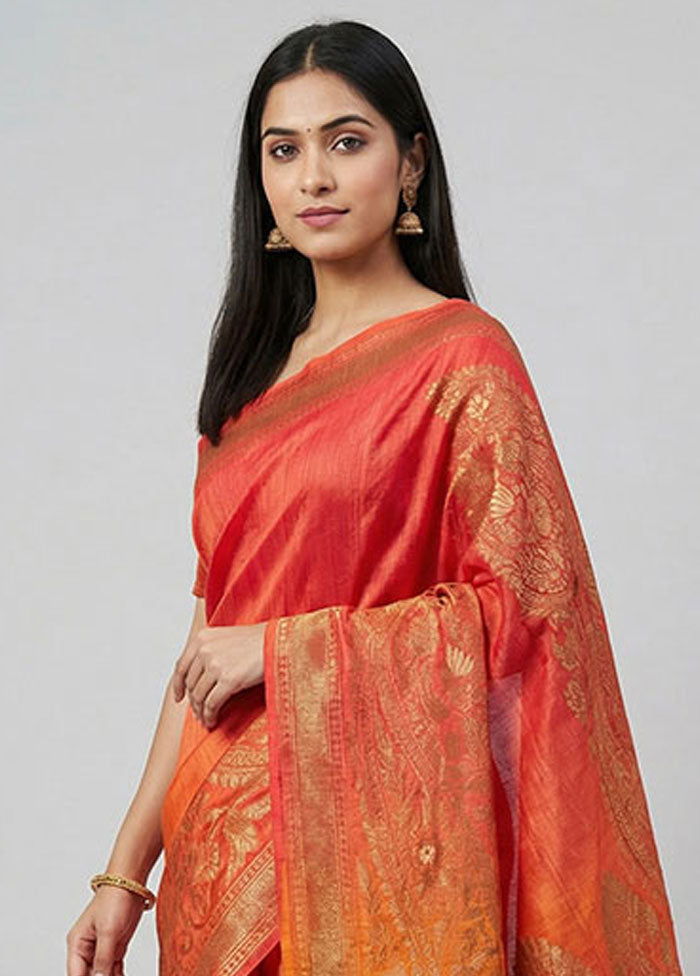 Pink Handloom Tussar Pure Silk Saree With Blouse Piece