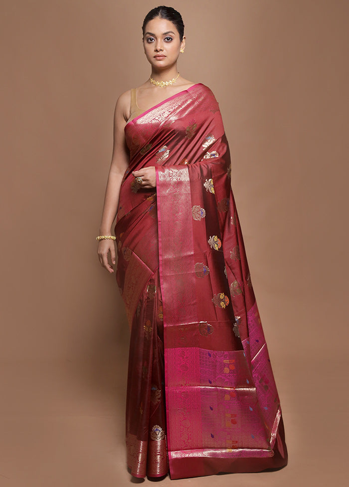 Maroon Kora Silk Saree With Blouse Piece