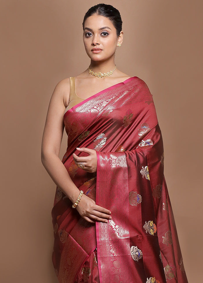 Maroon Kora Silk Saree With Blouse Piece