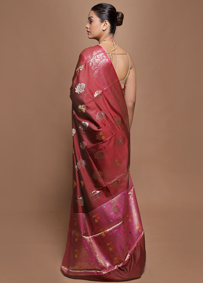 Maroon Kora Silk Saree With Blouse Piece