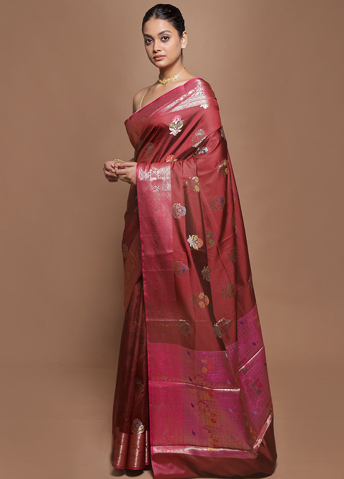 Maroon Kora Silk Saree With Blouse Piece