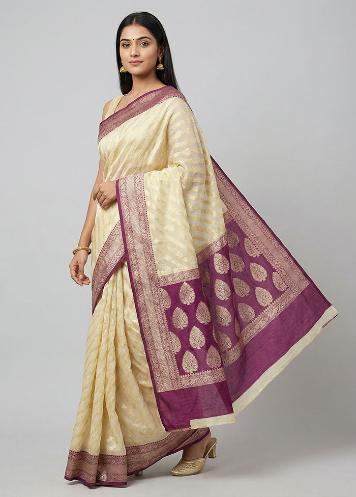 Cream Kora Silk Saree With Blouse Piece