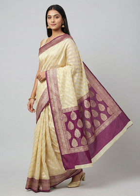 Cream Kora Silk Saree With Blouse Piece