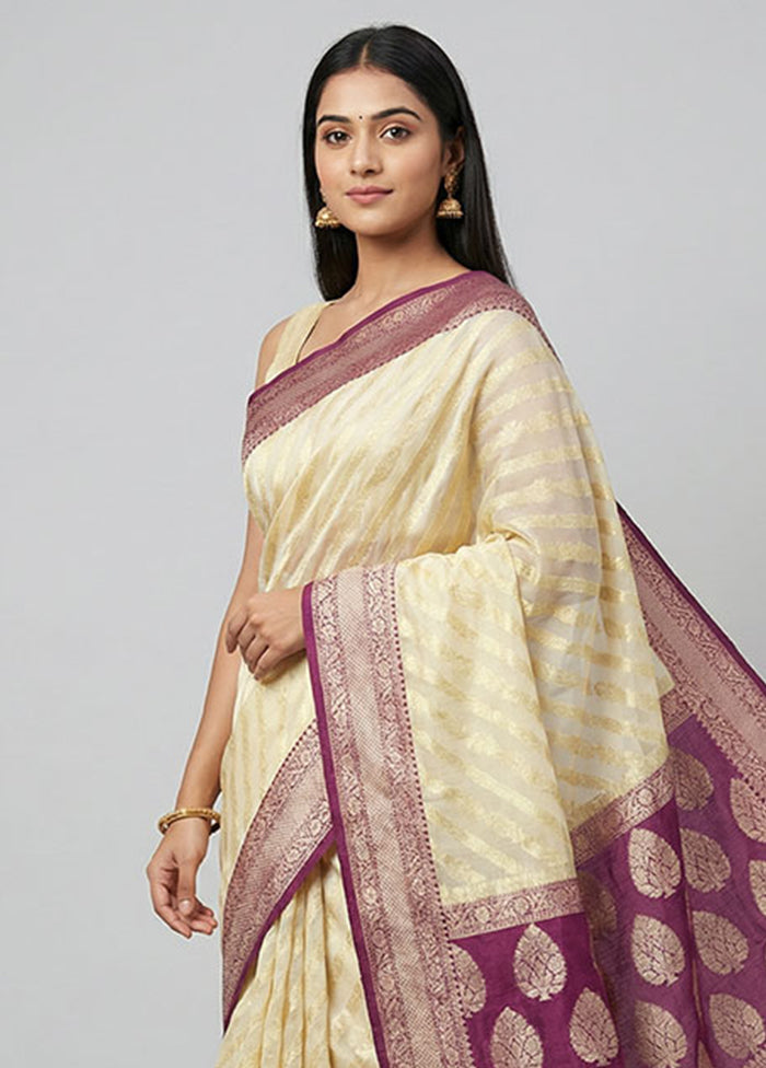 Cream Kora Silk Saree With Blouse Piece