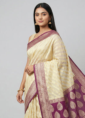 Cream Kora Silk Saree With Blouse Piece