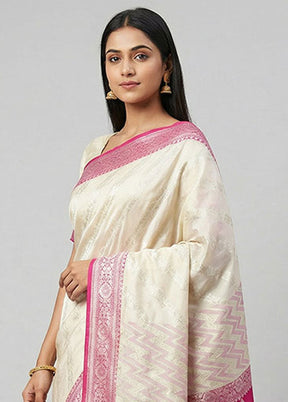 Cream Kora Silk Saree With Blouse Piece