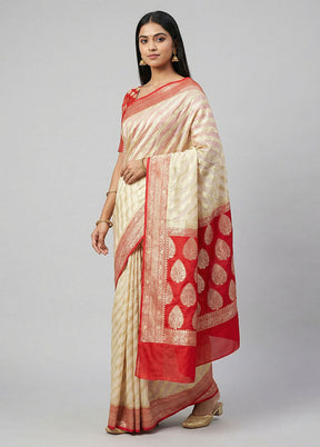 Cream Kora Silk Saree With Blouse Piece