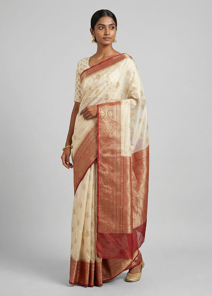 Cream Kora Silk Saree With Blouse Piece