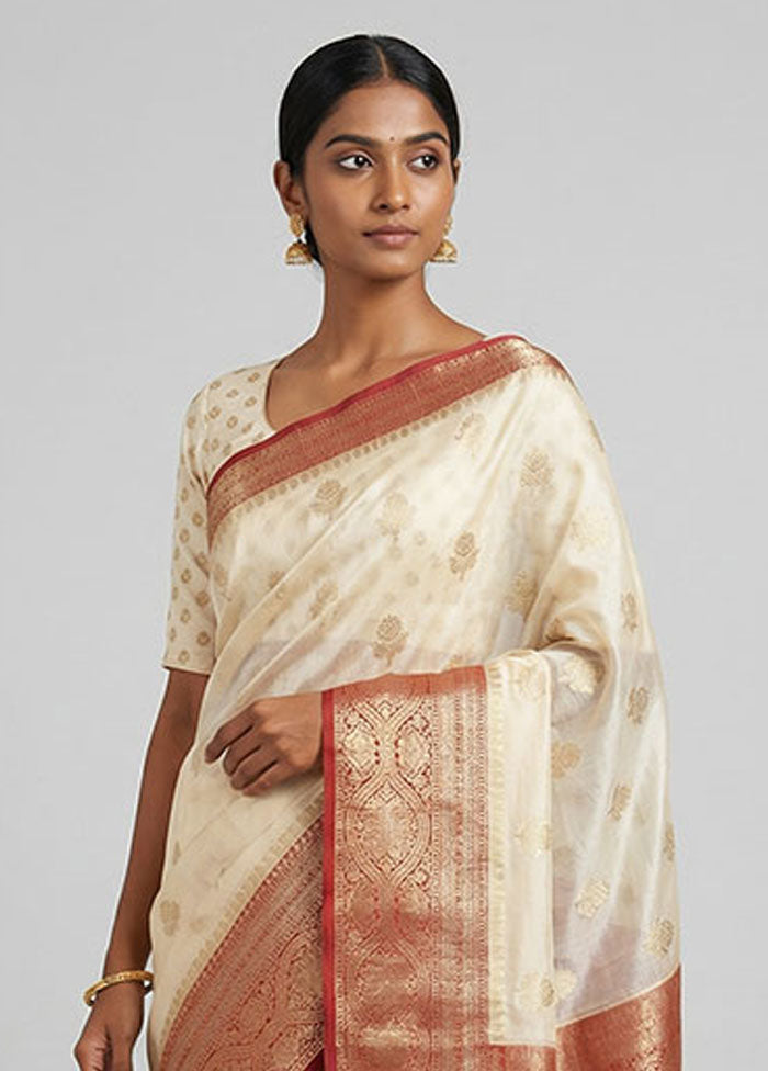 Cream Kora Silk Saree With Blouse Piece