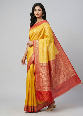 Yellow Handloom Tussar Pure Silk Saree With Blouse Piece