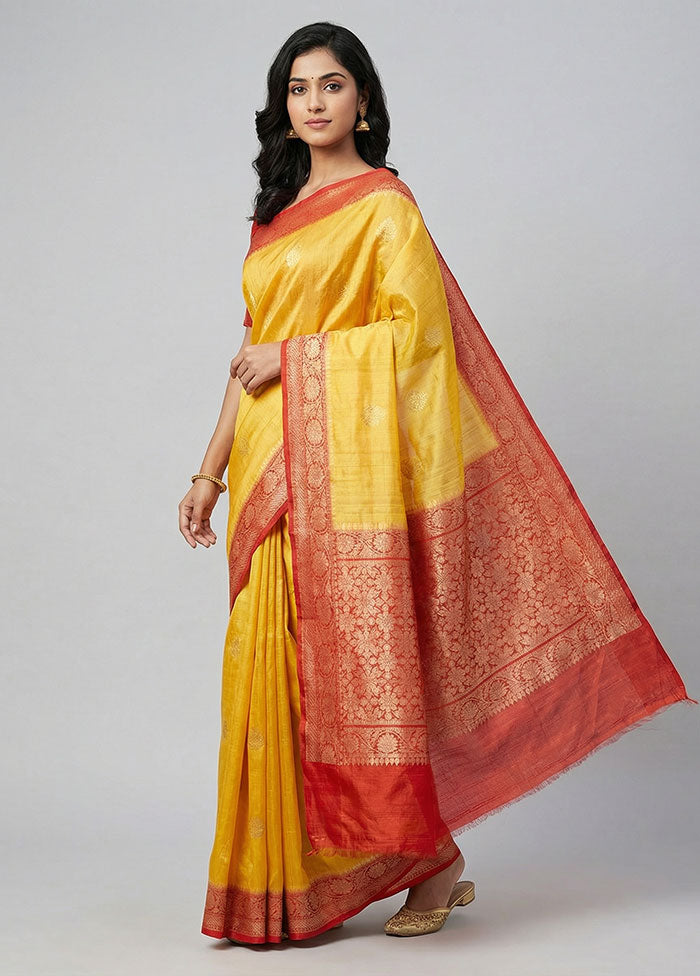 Yellow Handloom Tussar Pure Silk Saree With Blouse Piece