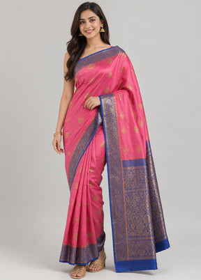 Pink Handloom Tussar Pure Silk Saree With Blouse Piece