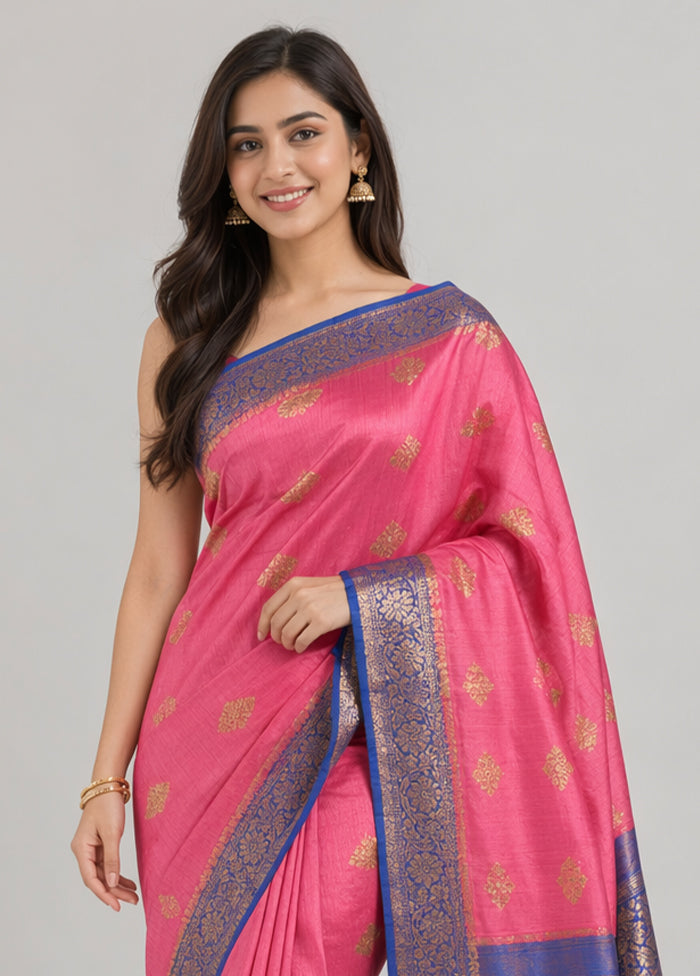 Pink Handloom Tussar Pure Silk Saree With Blouse Piece