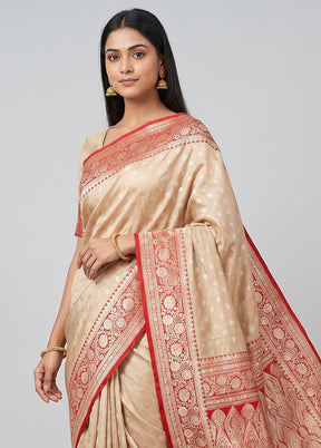 Cream Handloom Banarasi Pure Silk Saree With Blouse Piece