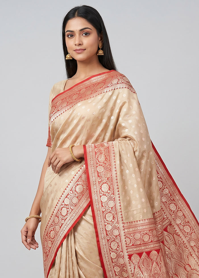 Cream Handloom Banarasi Pure Silk Saree With Blouse Piece