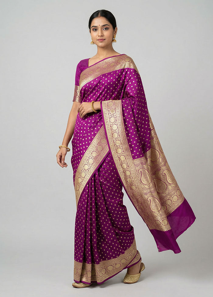 Purple Handloom Banarasi Pure Silk Saree With Blouse Piece