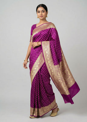 Purple Handloom Banarasi Pure Silk Saree With Blouse Piece
