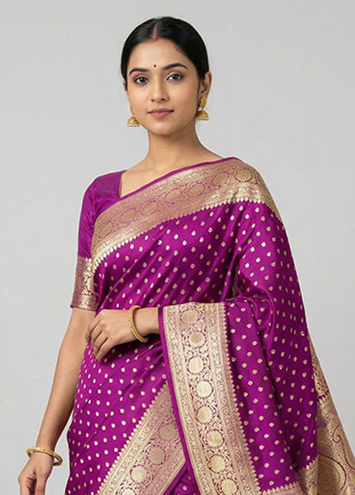 Purple Handloom Banarasi Pure Silk Saree With Blouse Piece